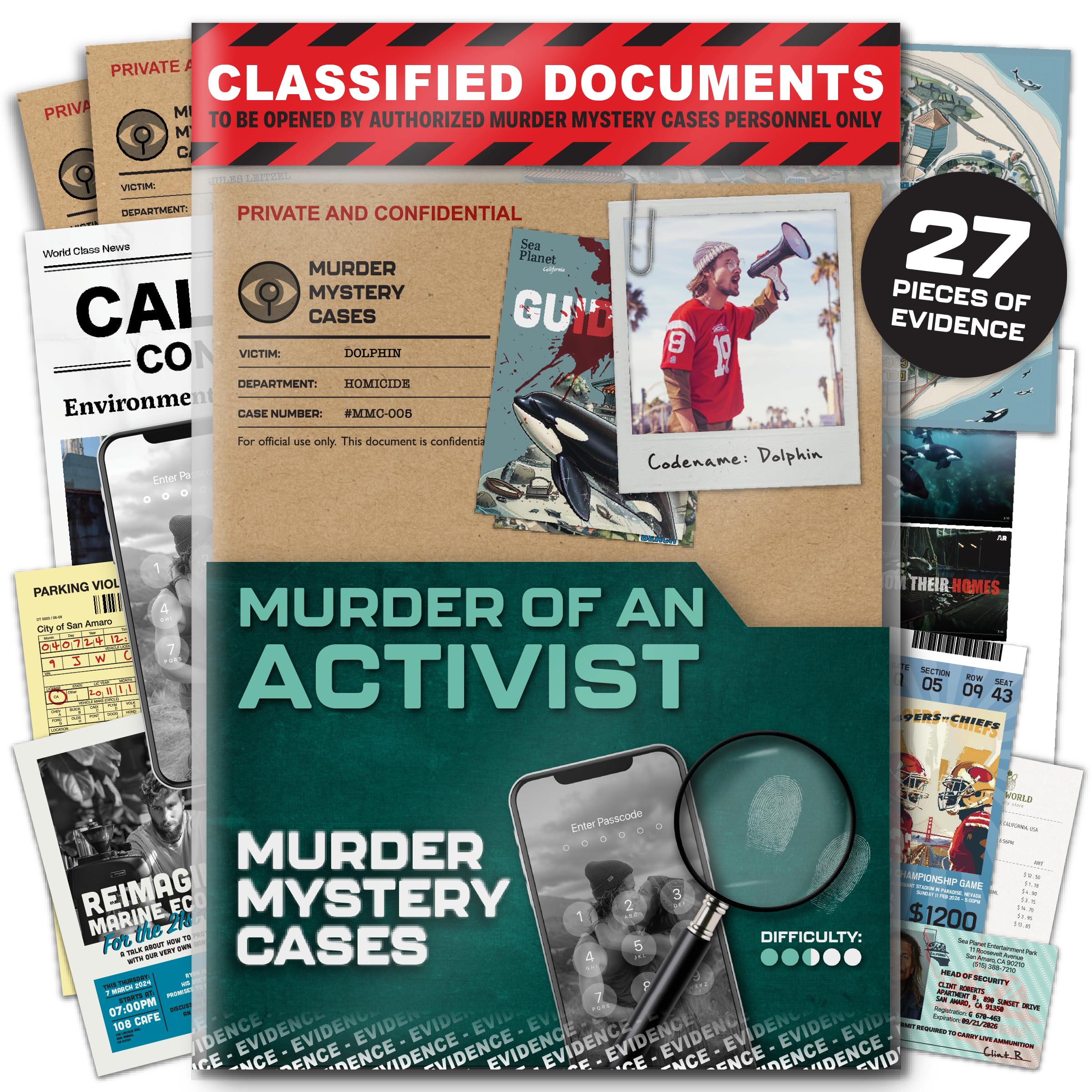 MMC Death of an Activist – Thrilling Murder Mystery Games for Adults at Sea Planet in California – 27 Evidence Pieces, 150 Min Gameplay (2.5/5 Difficulty) – Cold Case Files Game for 1-10 Players