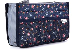 Periea Chelsy Purse Organizer Insert with Handles & 13 Pockets - 3 Sizes (Blue Floral, Small)