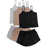 Notktgh 3 Sets for Women Ribbed Pajamas Set Crop Top and Shorts Button Lounge Set Sleeveless Pjs Sleepwear