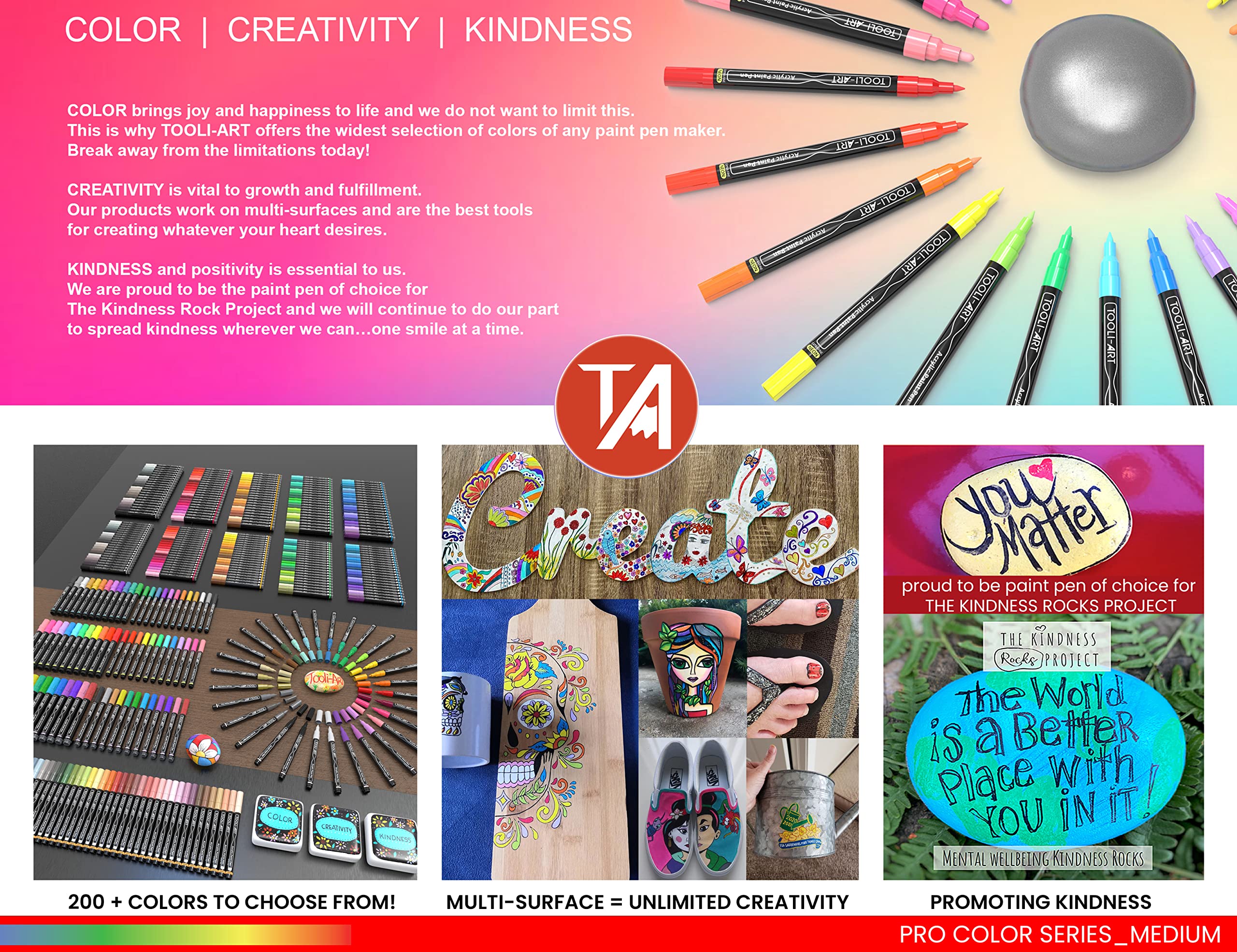 TOOLI-ART 22 Acrylic Paint Markers Paint Pens Pro Color Series Set 3mm Medium Tip for Rock Painting, Glass, Mugs, Wood, Metal, Glass Paint, Canvas, DIY. Non Toxic, Waterbased, Quick Drying (REDS)