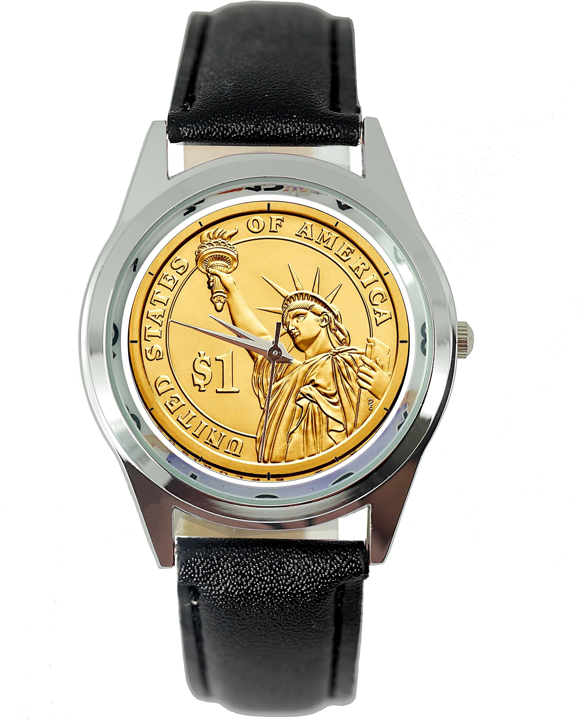 TAPORT USA Gold State of Liberty Dollar Coin Quartz Round Watch Real Leather Band+ Spare Battery + Gift Bag