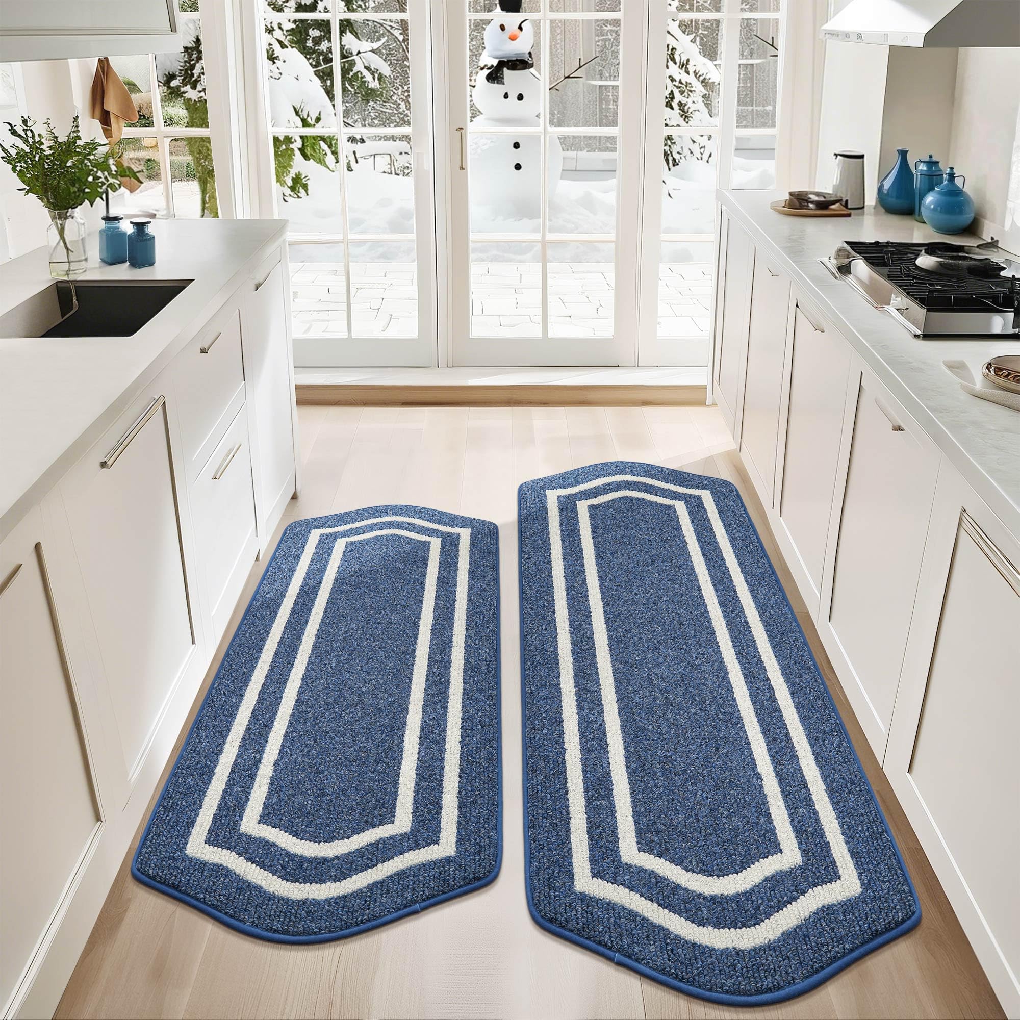 Photo 1 of COSY HOMEER Long Kitchen Floor Mats for in Front of Sink Super Absorbent Kitchen Rugs and Mats 24"x48"+24"x59"Non-Skid Kitchen Mat Standing Mat Washable,Polypropylene,Blue,Frame