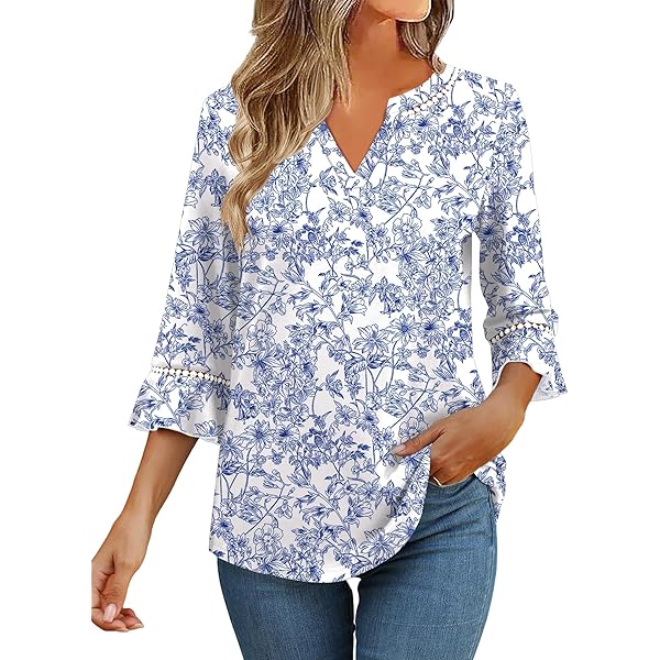 Yihaojia Women's Boho Floral Print V-Neck Long Sleeve Tunic - Plus Size Casual Top For Fall/Winter, Rayon Spandex Blend - View #2