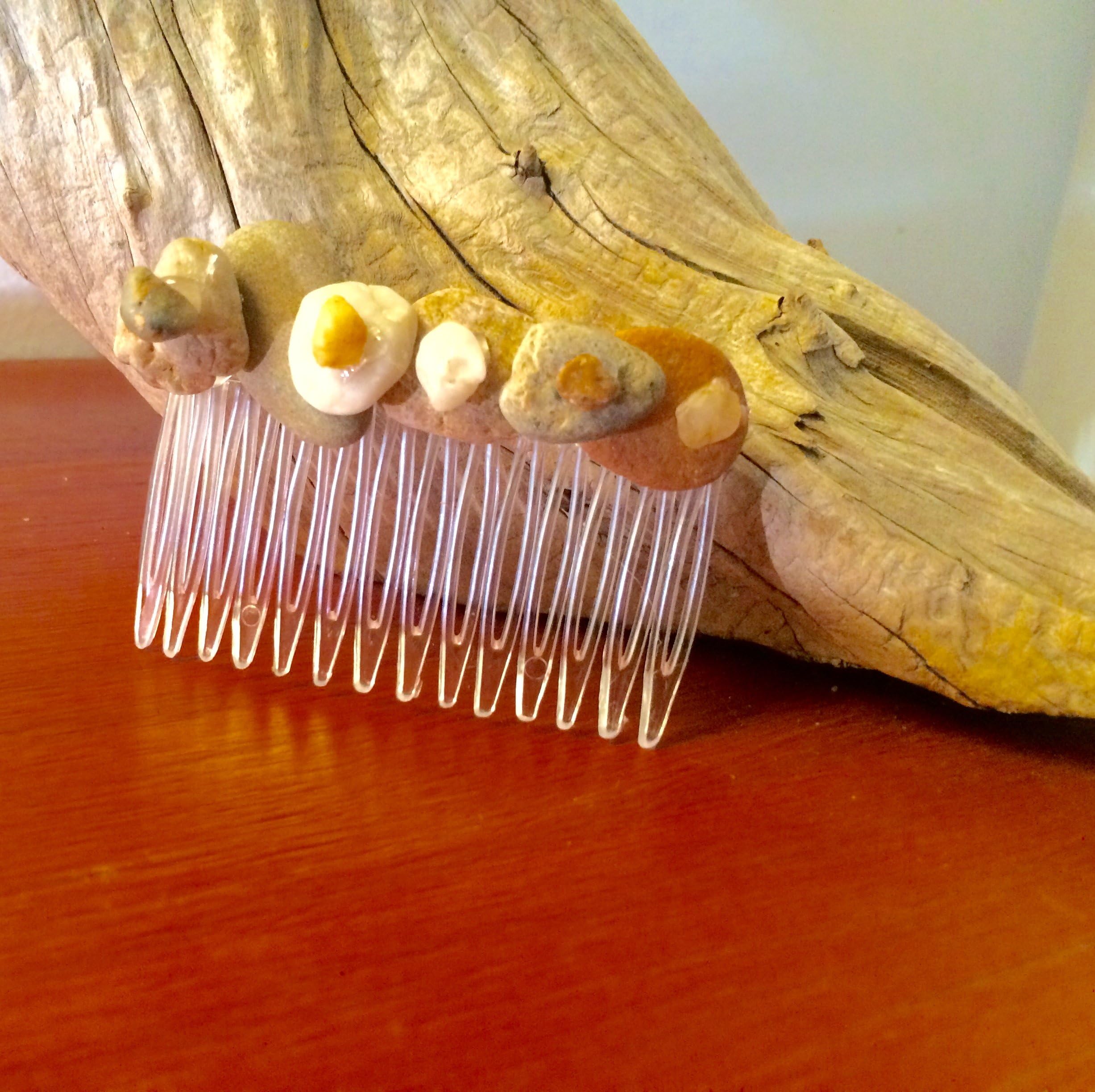 Beach Stone Comb with Surf Tumbled White Tan and Red Beach Rocks and Pebbles from Cape Cod 3 Inches Long Perfect Coastal Hair Accessory
