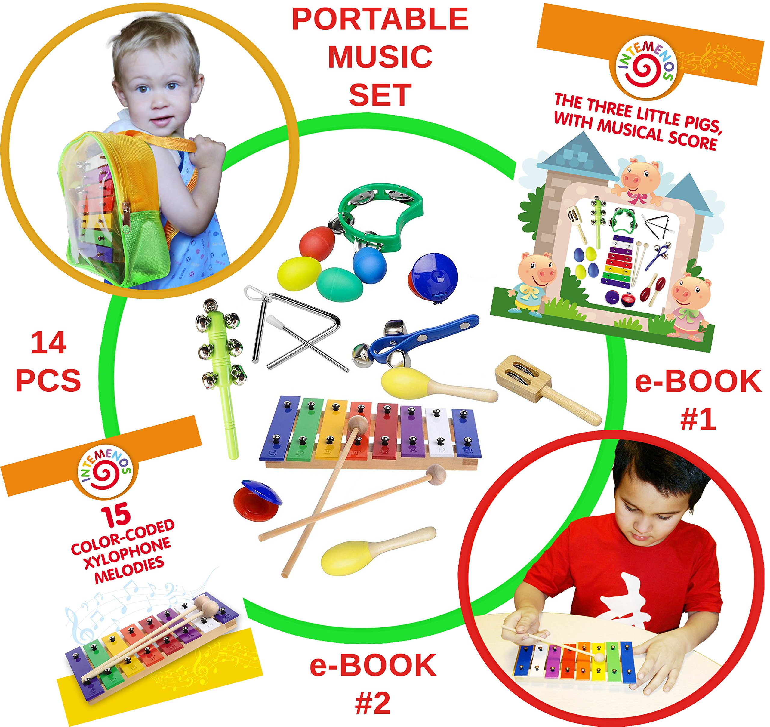 Kids Musical Toy Instruments Set with Xylophone 14 pcs Musical Toys Set in a Backpack