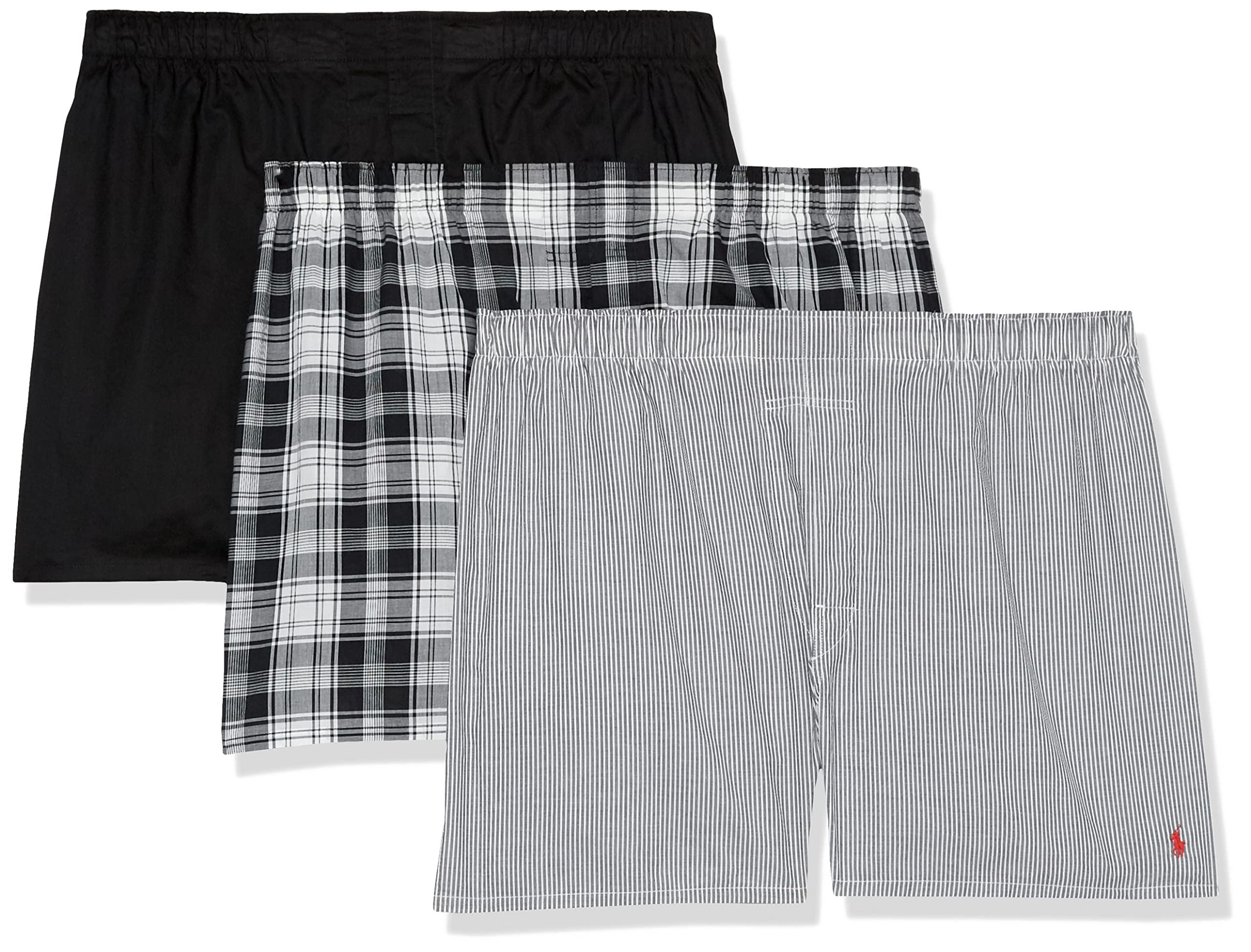 Photo 1 of POLO Mens Ralph Lauren Classic Fit Cotton Woven 3-pack Boxer Shorts, Bengal Stripe/Red, Stockton Plaid/Red, Polo Black/Red, 3X US