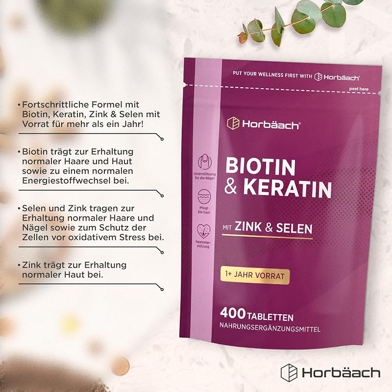 Biotin Keratin Tabletten für Haare mit Zink & Selen - +1 Jahr Vorrat