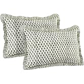 CPC Emerald Green 100% Cotton Block Print Ruffle Pillow Cover 20X30 inch Pack of 2, Handmade Boho Floral Pillowcase,Soft Decorative Queen Bed Pillow Cover for Bedroom Décor