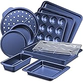HONGBAKE Bakeware Sets, Baking Pans Set, Nonstick Oven Pan for Kitchen with Wider Grips, 10-Piece Including Rack, Cookie Sheet, Cake Pans, Loaf Pan, Muffin Pan, Pizza Pan - Blue