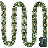 FUNPENY Christmas Garland Decoration, 15 FT Prelit Artificial Christmas Garland with 50 LED String Lights, Battery Operated Lighted Decor for Home Wedding Fireplace Party Ornament, Warm White