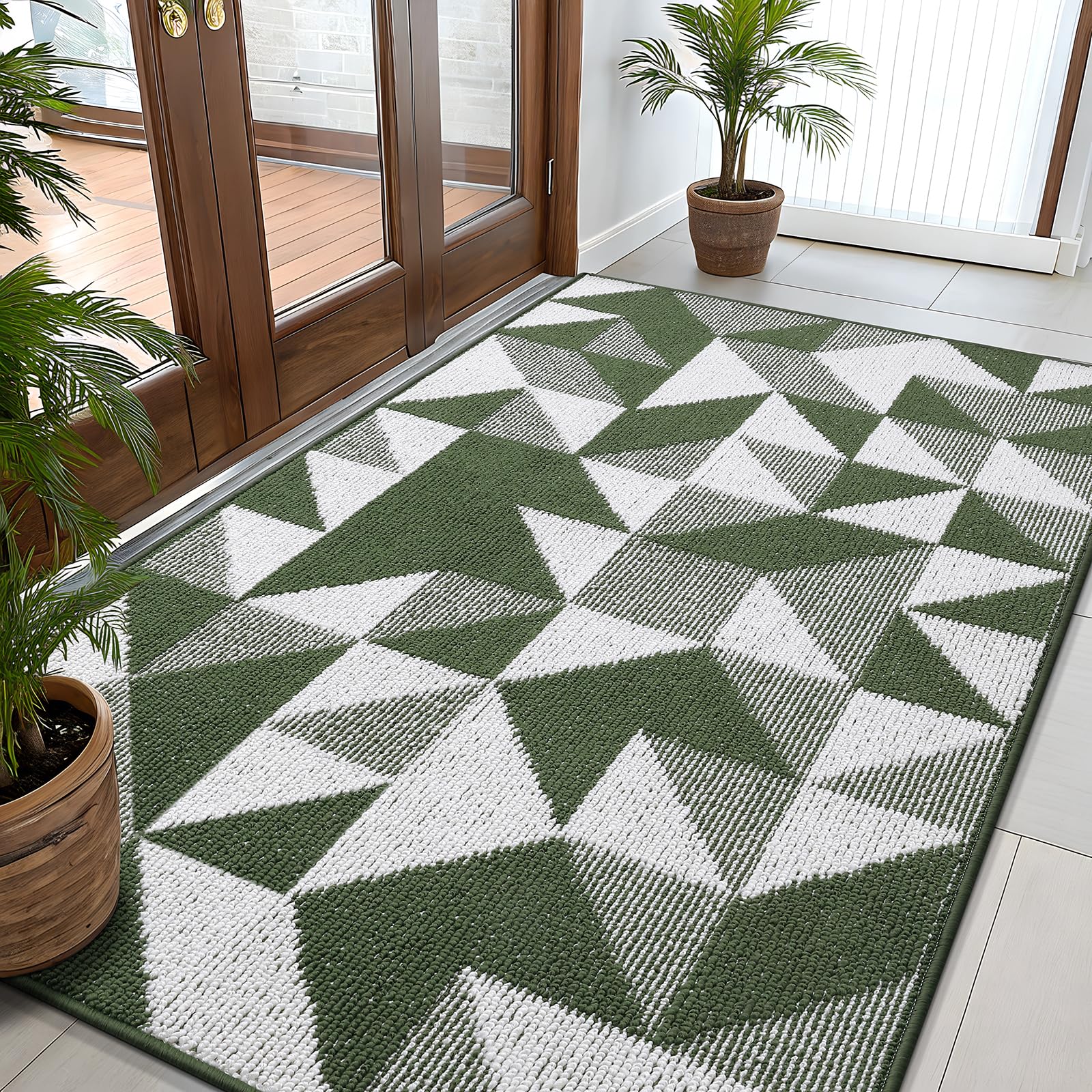 OLANLY Large Door Mat Indoor Entrance Washable 59x35, Odor-Free Low-Profile Front Back Geometric Doormat, Absorbent Resist Dirt Entry Carpet, Easy to Clean Sturdy Inside Floor Mats for Entryway, Green Image