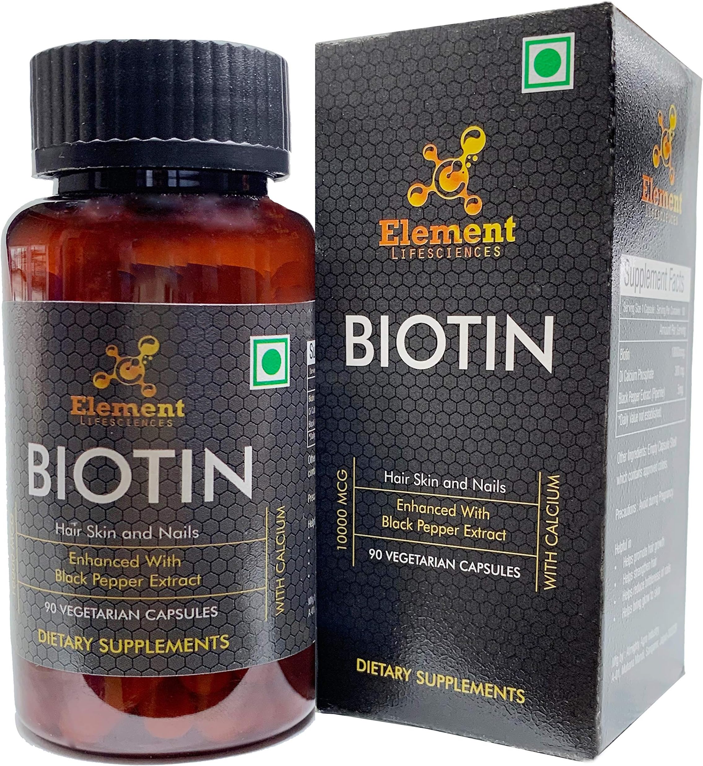 Element Lifesciences Biotin Enhanced Absorption with Black Pepper Extract, Calcium and Vitamin B7, 10000mcg (90 Veg Capsules)