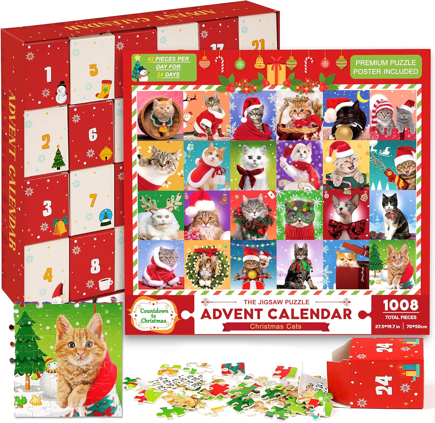 Advent Calendars - Bestbase Advent Calendar 2023 Christmas Countdown Jigsaw Puzzles - Christmas Cats, 24 Boxes with 1008 Pieces Countdown to Christmas Puzzle, Christmas Decorations Christmas Gifts for Adults Kids