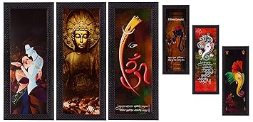 eCraftIndia Satin Matt Textured Synthetic Wood ArtPainting (17.8cm x 1.3cm x 40.7cm, Set of 3)+ Lord Ganesha Satin Matt Texture Synthetic Wood UVArtPaintingSet (53.34cm x 1.27cm x 40.64cm, Set of 3)