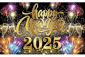 HKYOOD HAPPY NEW YEAR 2025 Backdrop Banner - XtraLarge 72 * 42 Inch Shiny Firework Colorful Background Photo Prop for New Year Eve Photo Booth Background Party Decorations Supplies 2025