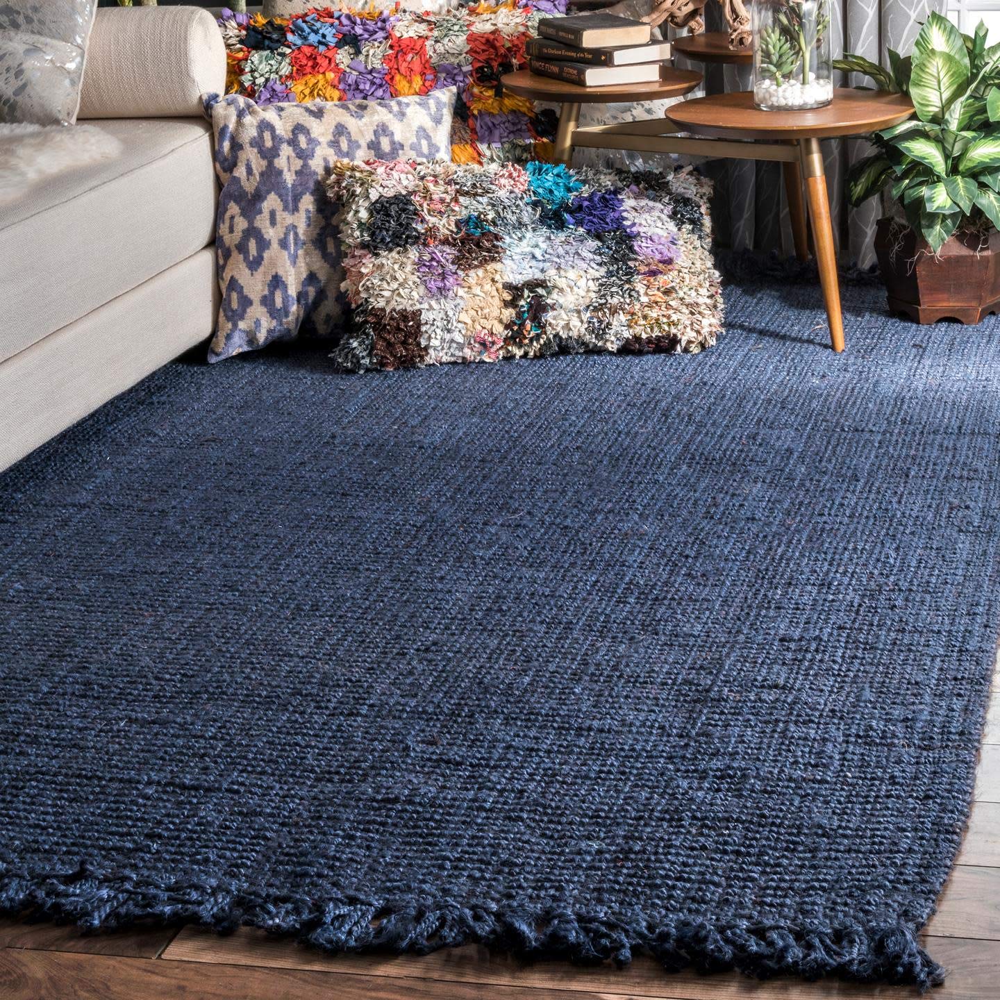 nuLOOM Hand Woven Chunky Natural Jute Farmhouse Area Rug, 5' x 7' 6", Navy Blue