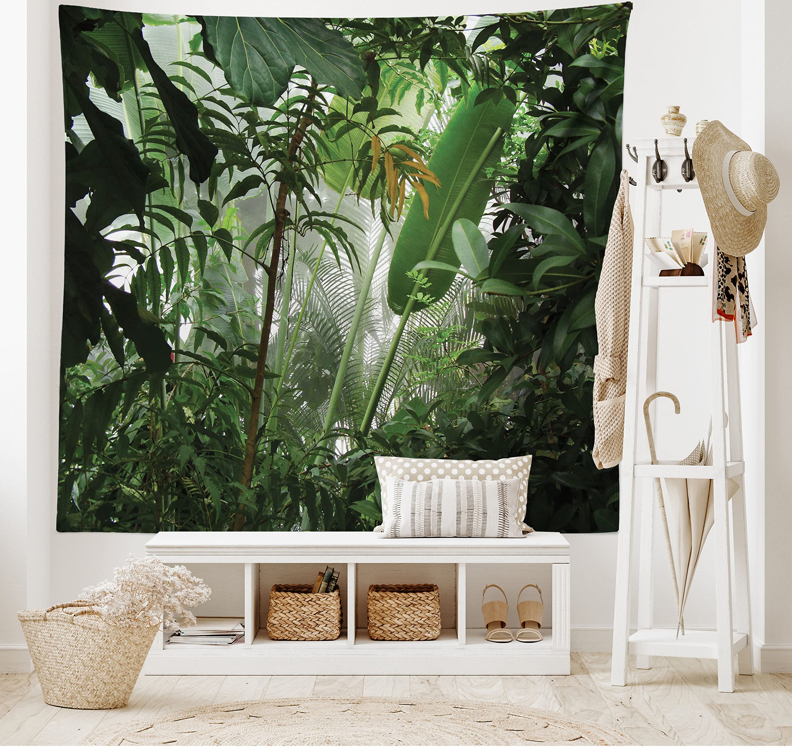 ABAKUHAUS Rainforest Tapestry, Tropical Rainforest Preservation Humidity Palm Tree Wild Environment Misty Nature, Fabric Wall Hanging Decor for Bedroom Living Room Dorm, 58 W X 43 L, Green