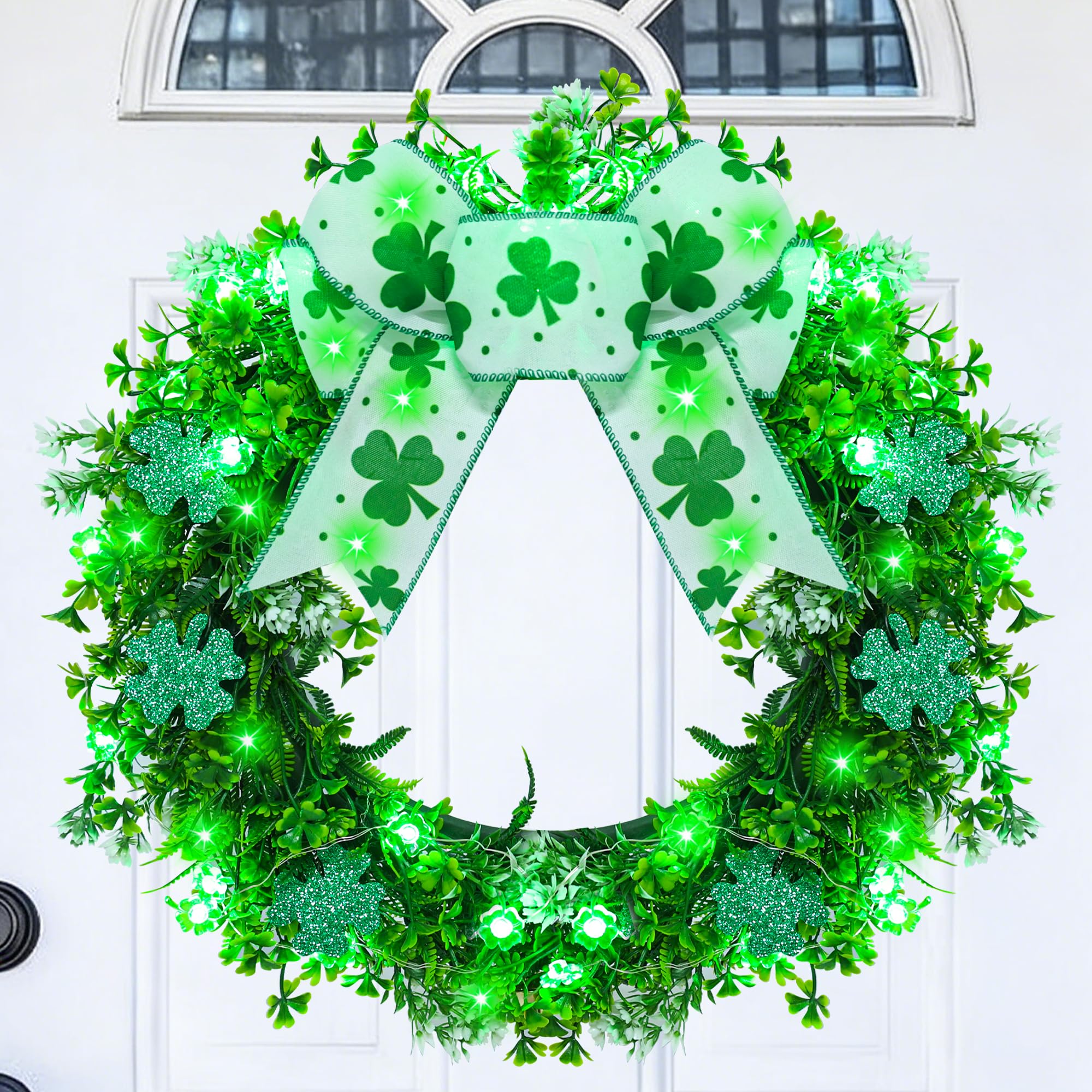 Photo 1 of 16" St Patricks Day Wreath for Front Door - 28 Clover Green Lights Battery Operated Shamrock Wreath with Bow, Spring Artificial Wreath Irish St Patricks Day Decoration for Wall Window Porch Home