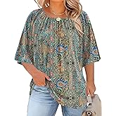LOMON Womens Plus Size Tops Summer 3/4 Length Sleeve Crewneck Blouses Dressy Casual Loose Curvy Flowy Tunic Shirts 1X-5X