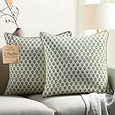 CPC 100% Cotton Throw Pillow Covers 18x18 Inch, Set of 2 Green Block Print Pattern Couch Pillow, Cute Boho Decorative Pillows for Living Room, Bedroom with Hidden Zipper- Emerald Green