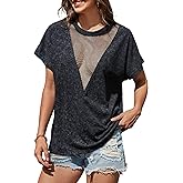 SOFIA'S CHOICE Women Sexy Contrast Mesh Top Summer Short Sleeve Vintage Tees Tops Acid Wash Tshirt