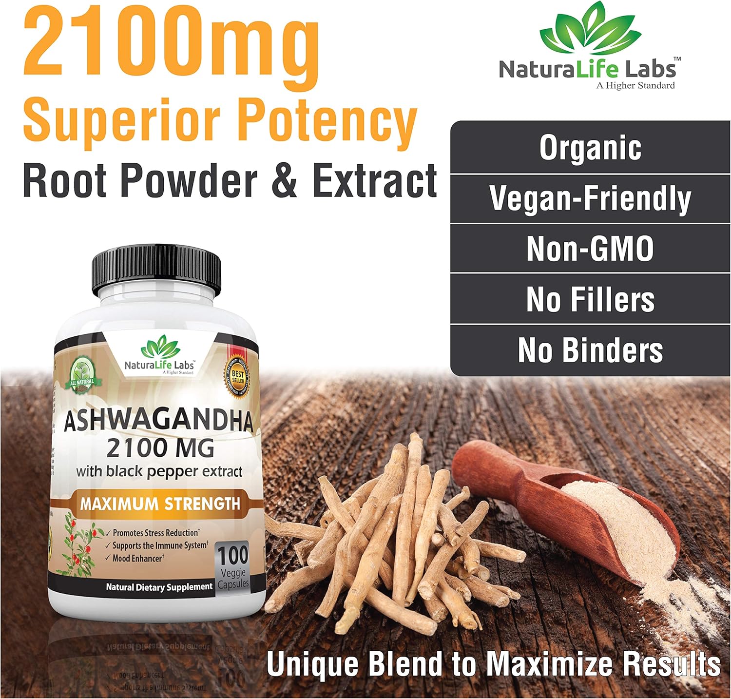 Organic Ashwagandha 2,100 mg - 100 Vegan Capsules Pure Organic Ashwagandha Powder and Root Extract - Natural Anxiety Relief, Mood Enhancer, Immune & Thyroid Support, Anti Anxiety: Health & Personal Care