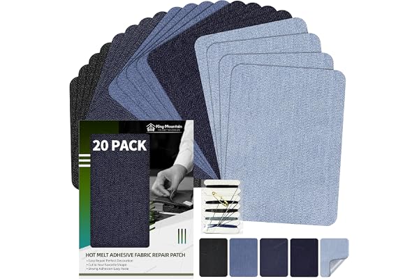 KING MOUNTAIN Iron-on Repair Patch 20 Pcs Pack, 100% Cotton Denim Iron-on Repair Patch, 5 Shades of Blue, Jeans and Clothing