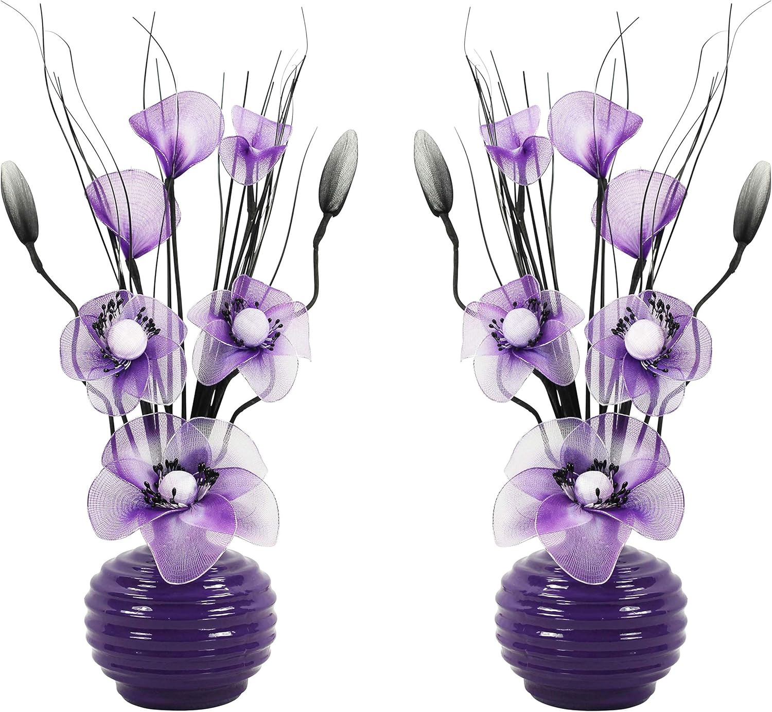 Matching Pair of Purple Vases with Purple and White Artificial Flowers, Ornaments for Living