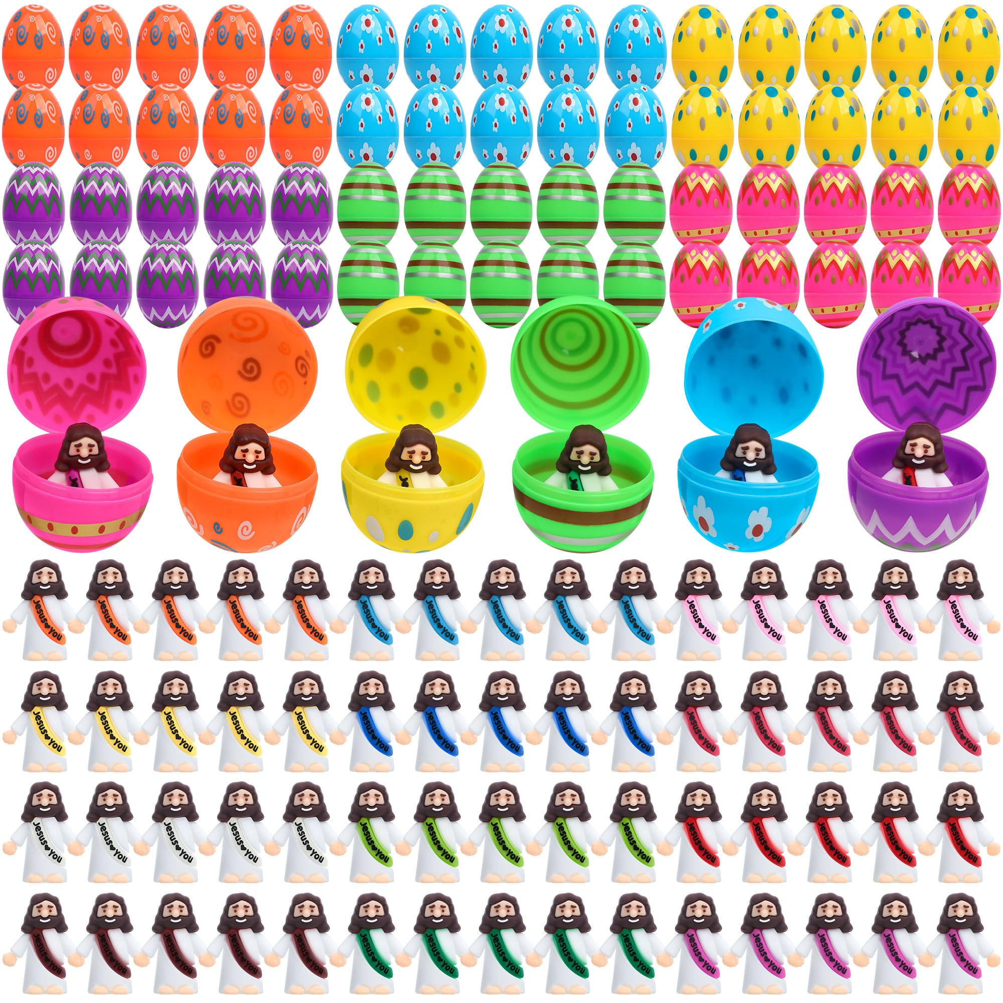 Qouinuey Easter Basket Stuffers Fillers for Kids - 60 PCS Easter Eggs with 60 PCS Religious Jesus Figurines Toys, Eggs Hunt Game Party Favors Gifts for Boys Girls Classroom Exchange