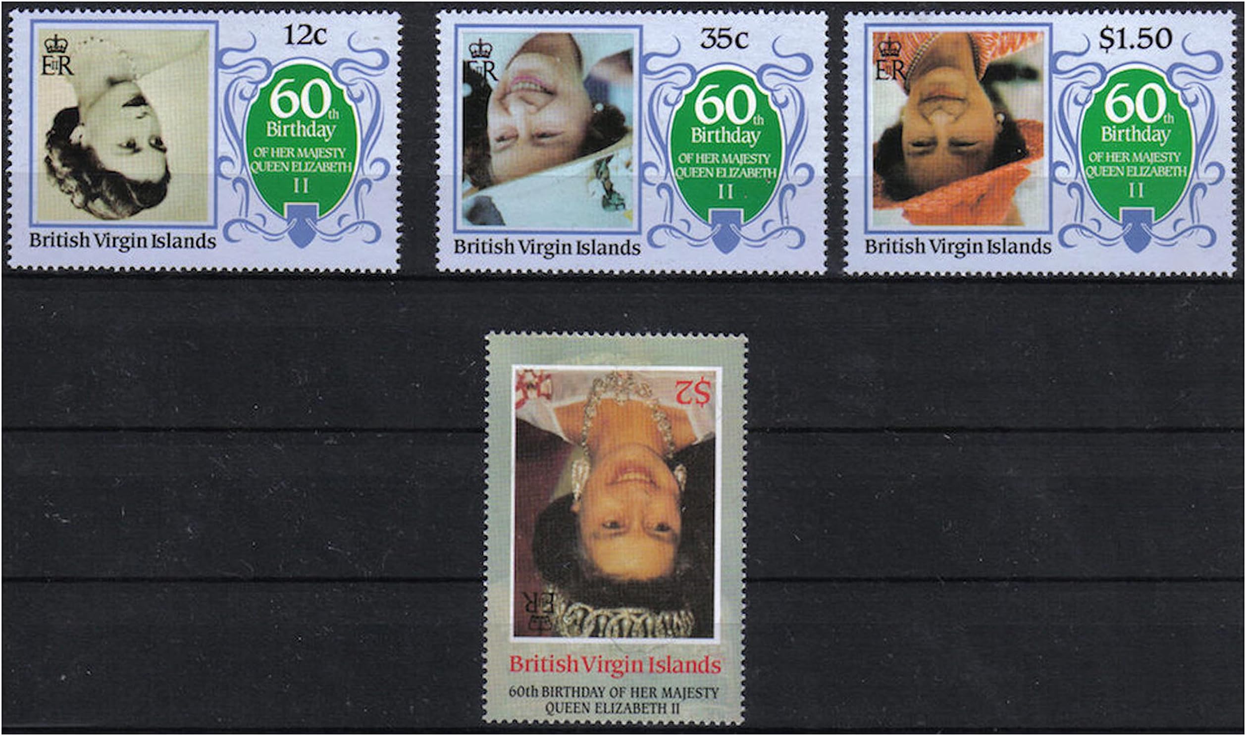 Queen Elizabeth II 60th Birthday set of 4 Stamps for collectors - Misprint / Queens Picture inverted / Union Islands / MNH / Later Printing of 1986 Issue