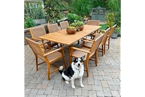 Sophia & William 9-Piece Patio Outdoor Dining Table Chair Set, Rattan Furniture Set of 8 Rattan Chairs and 1 Acacia Wood Rectangular Table for Yard, Garden, Porch and Poolside