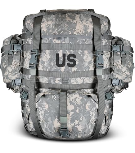 Military Outdoor Clothing Previously Issued US G.I. Large ACU Rucksack Complete with Frame, Shoulder Straps, and Waist Belt | Adjustable Heavy-Duty Field Belt | Quick-Release Buckle