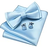 GUSLESON Mens Solid Color Two Layer Pre-tied Bow Tie and Pocket Square Cufflink Set with Gift Box