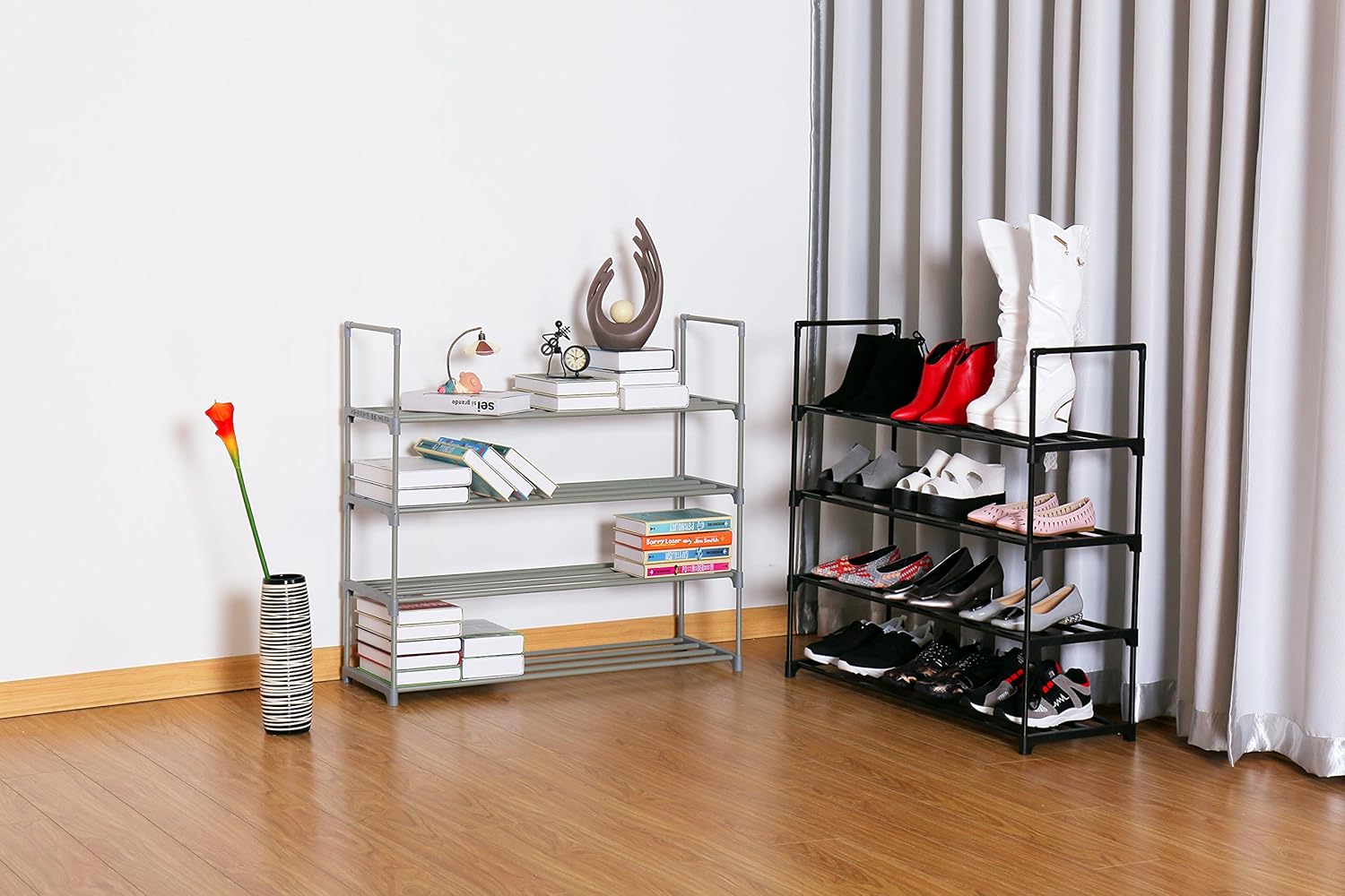 HOMEFORT 4-Tier Shoe Rack, Metal Shoe Tower,20 Pairs Shoe Storage Shelf, Entryway Stackable Shoes Organizer with 4 Tiers Metal Shelves in Black,35.6" W x11.82" D x33.27" H: Home Improvement