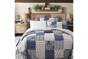 DADA BEDDING COLLECTION DaDa Bedding Denim Blue Elegance Patchwork Floral Bedspread Set - 100% Cotton Boho Chic Lightweight Quilted Coverlet - Striped Paisley Medallion Squares Multi Colorful Ivory Navy - King - 3-Pieces
