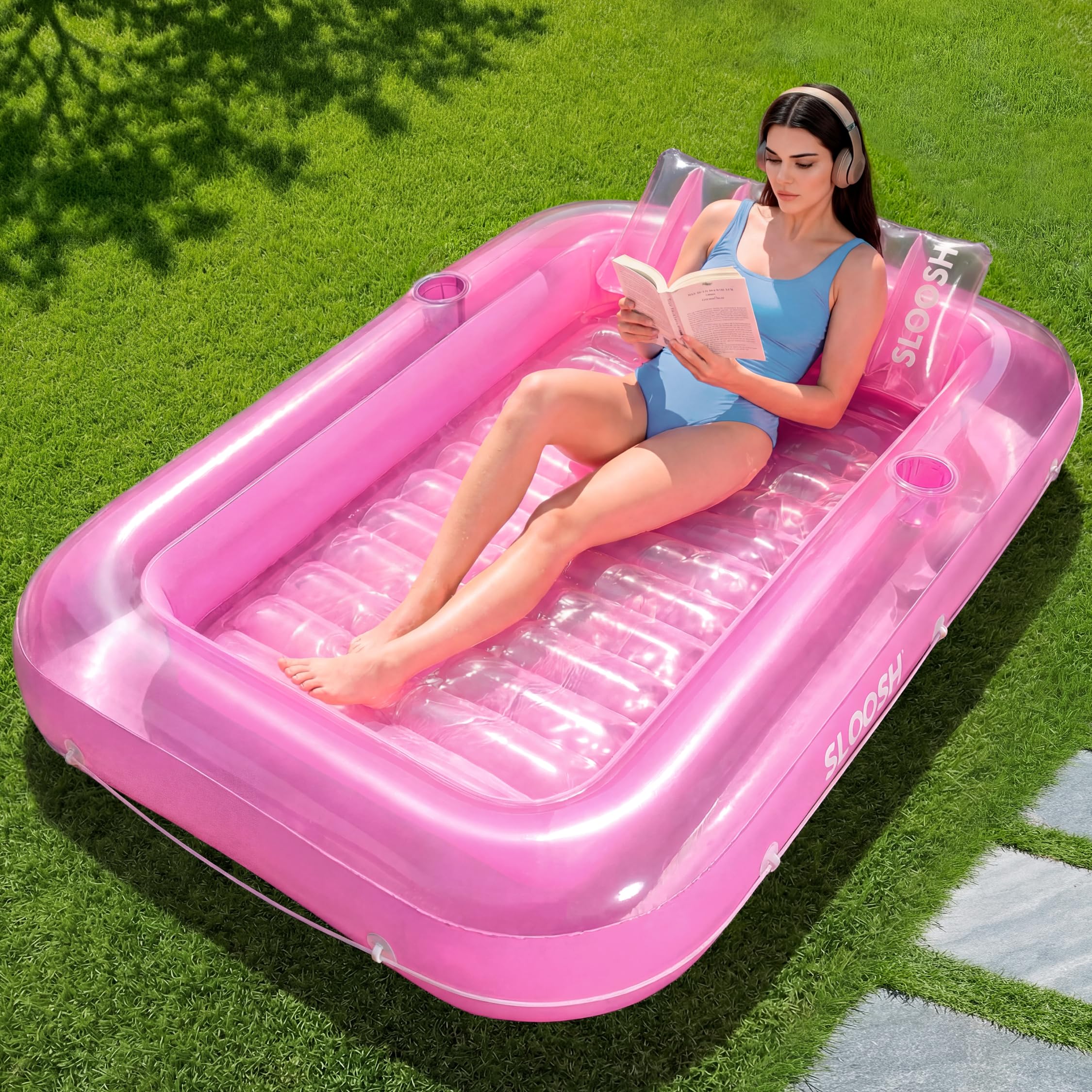SLOOSH Inflatable Tanning Pool Lounger Float, 70" x 46" Extra Large Pool Floats Adult with Pillow, 4 in 1 Suntan Tub Raft Floatie,Sunbathing Bed Lounge for Water Blow Up Party Gifts, L-Pink