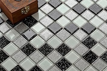 10cm X 10cm Muster Glas Mosaik Fliesen Muster In Schwarz Weiss Und Silber Mit Glitzer Mt0029 Muster Amazon De Baumarkt
