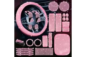 Zeinlenx 25 Pack Bling Car Accessories Set, Rhinestone Car Accessories Set for Women, Bling Steering Wheel Cover Universal Fit 15 Inch, Glitter Seat Belt (Pink)