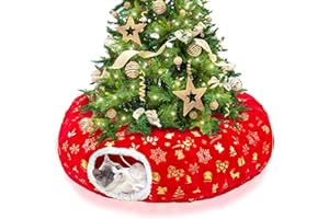 LECHONG 3-in-1 Christmas Cat Tunnel Bed & Tree Skirt, Warm & Cozy Double-Sided Fleece Hideout w/Detachable Mat, Deter Cats Da