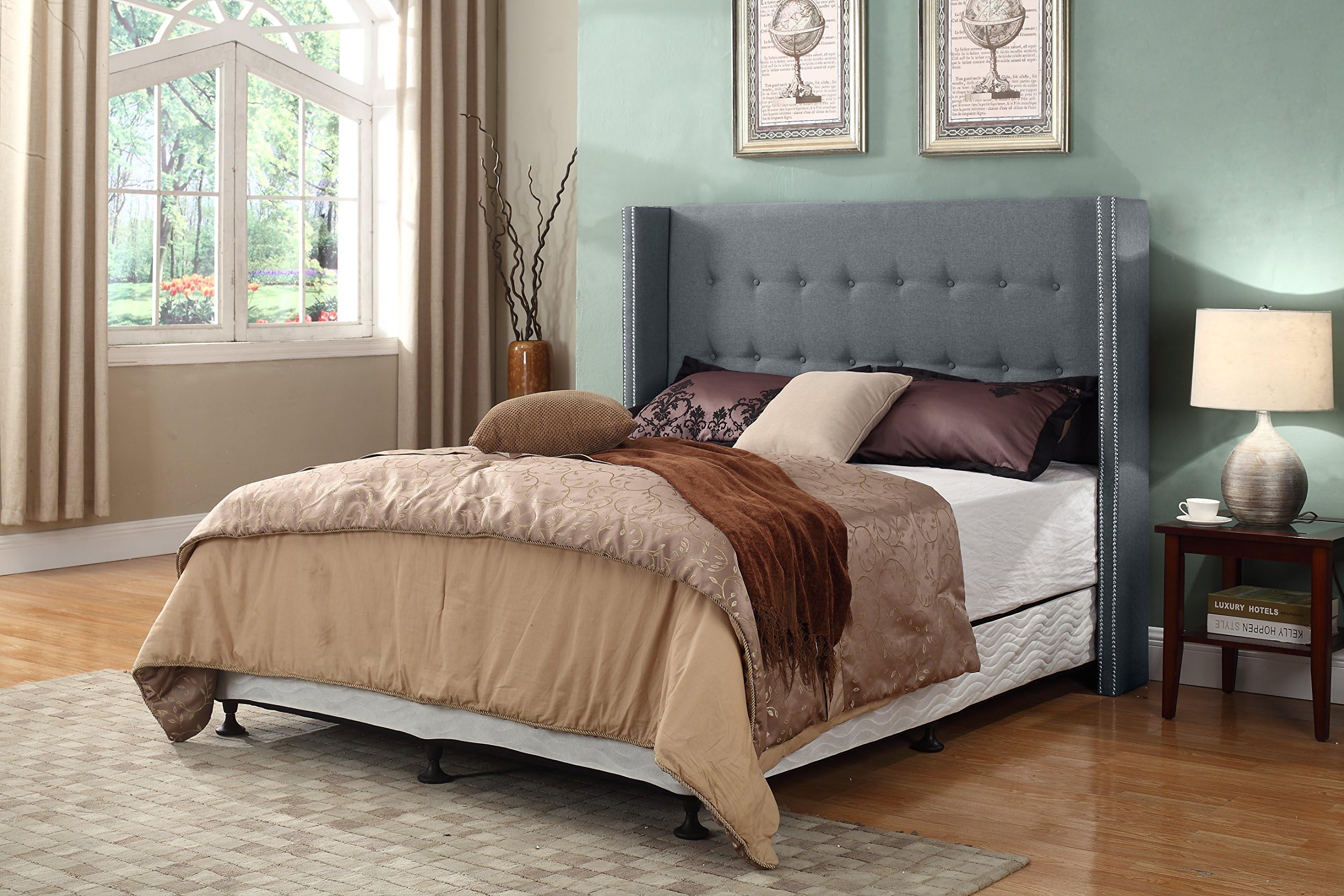 Container Furniture Direct Maxwell Collection Modern Button Tufted Linen Fabric Upholstered Bedroom Headboard, Grey