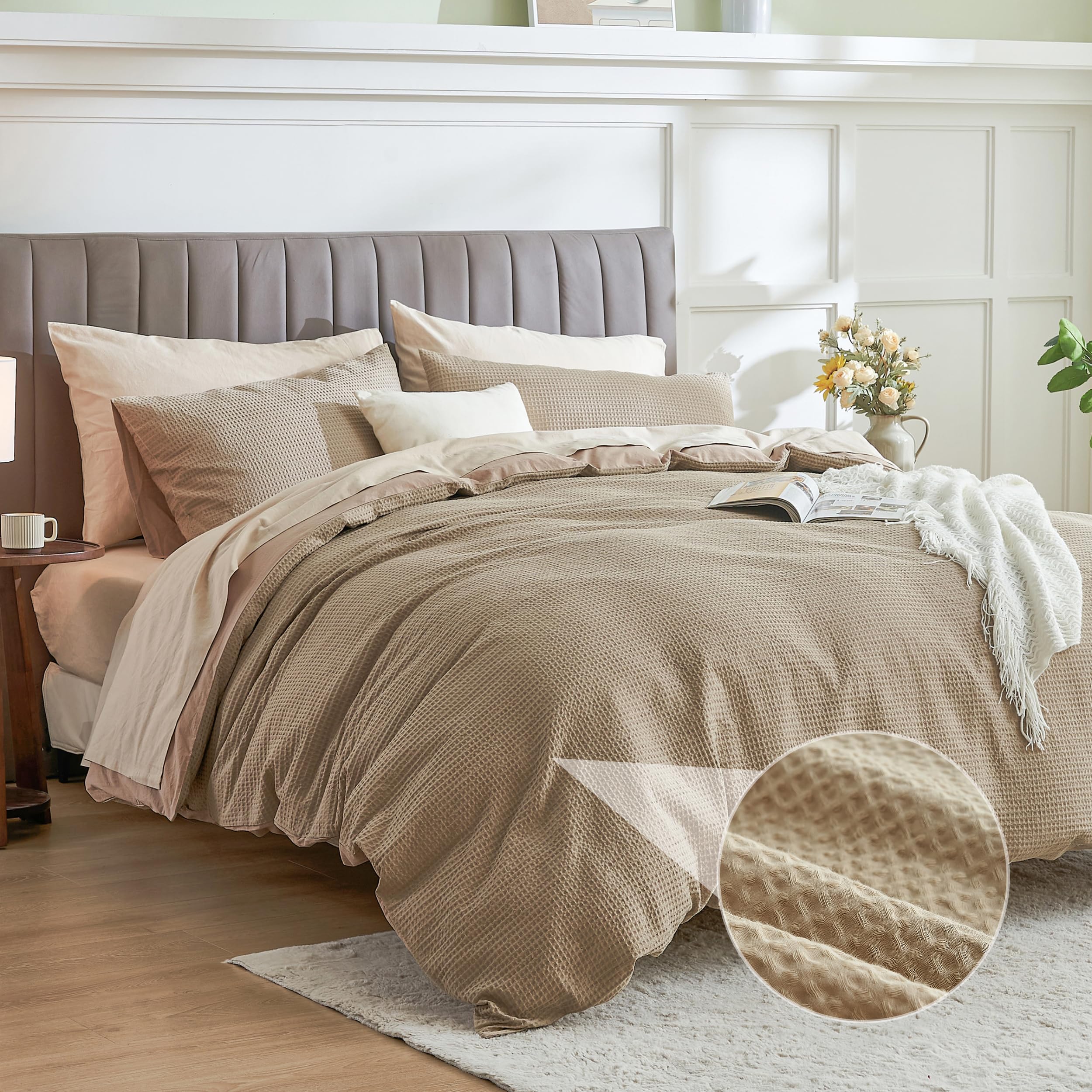 Simple&Opulence Waffle Duvet Cover Double Size, 100% Cotton Waffle Bedding with 2 Pillowcases, Soft Breathable Seersucker Quilt Cover Set, Hidden Button Closure (200x200cm,Khaki)