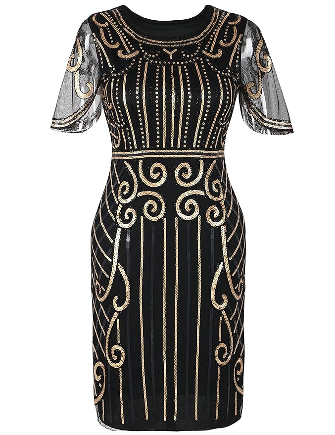 PrettyGuide Damen 20er Jahre Kleid Kurzarm Pailletten Cocktail Charleston Kleid