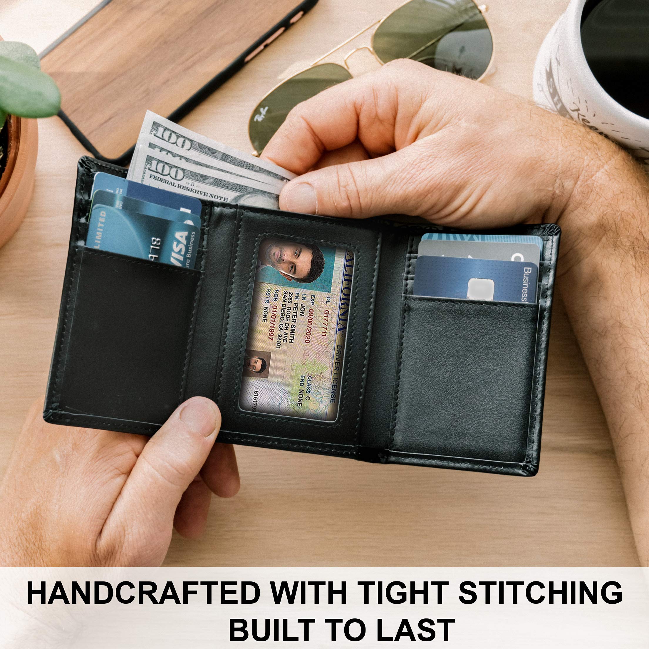 Top Grain Leather Trifold Wallet for Men | Ultra Strong Stitching | Handcrafted Argentinian Leather | RFID Blocking | Extra Capacity Trifold Wallet |Thin and Sophisticated Tri-Fold Design