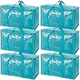 TICONN 6 Pack Extra Large Moving Bags Heavy Duty with Zippers & Carrying Handles, Durable Storage Bags Moving Boxes for Closet Organizers and Storage (6 Pack, Aqua)