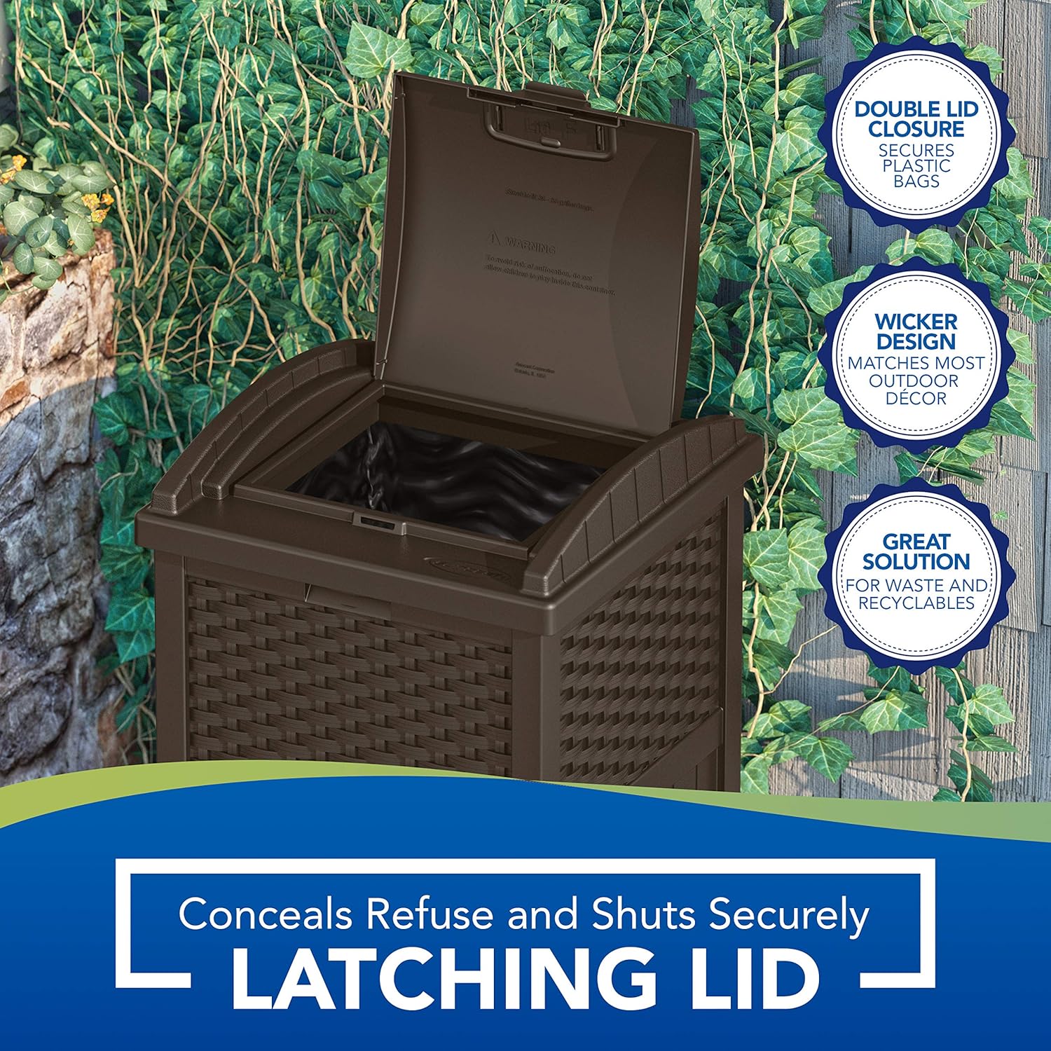 Suncast 33 Gallon Hideaway Can Resin Outdoor Trash with Lid Use in Backyard, Deck, or Patio, Brown: Garden & Outdoor