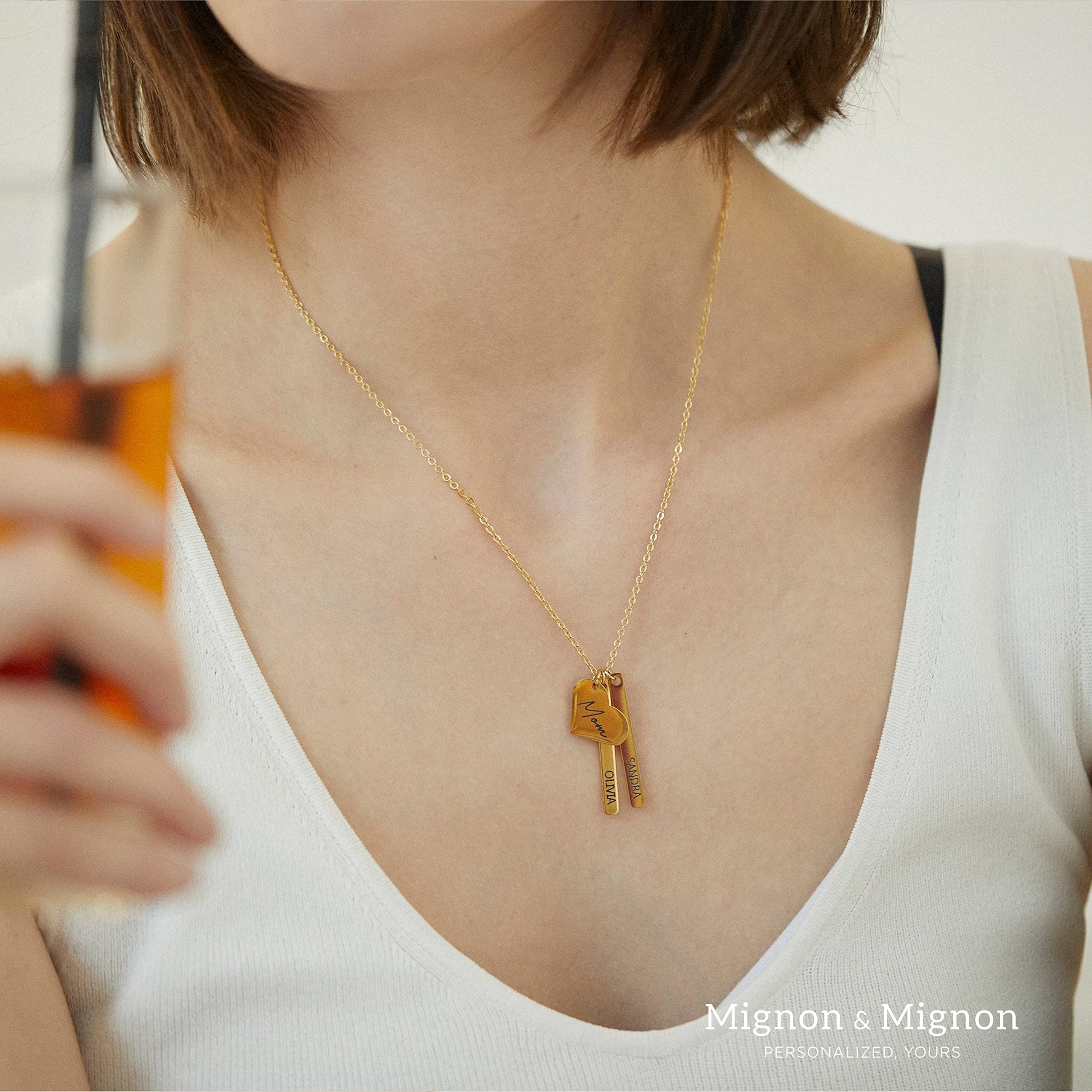 MignonandMignon Personalized Heart and Bar Necklace, Custom Family Name Jewelry for Mom, Gift for Women, Name Necklace – H6N
