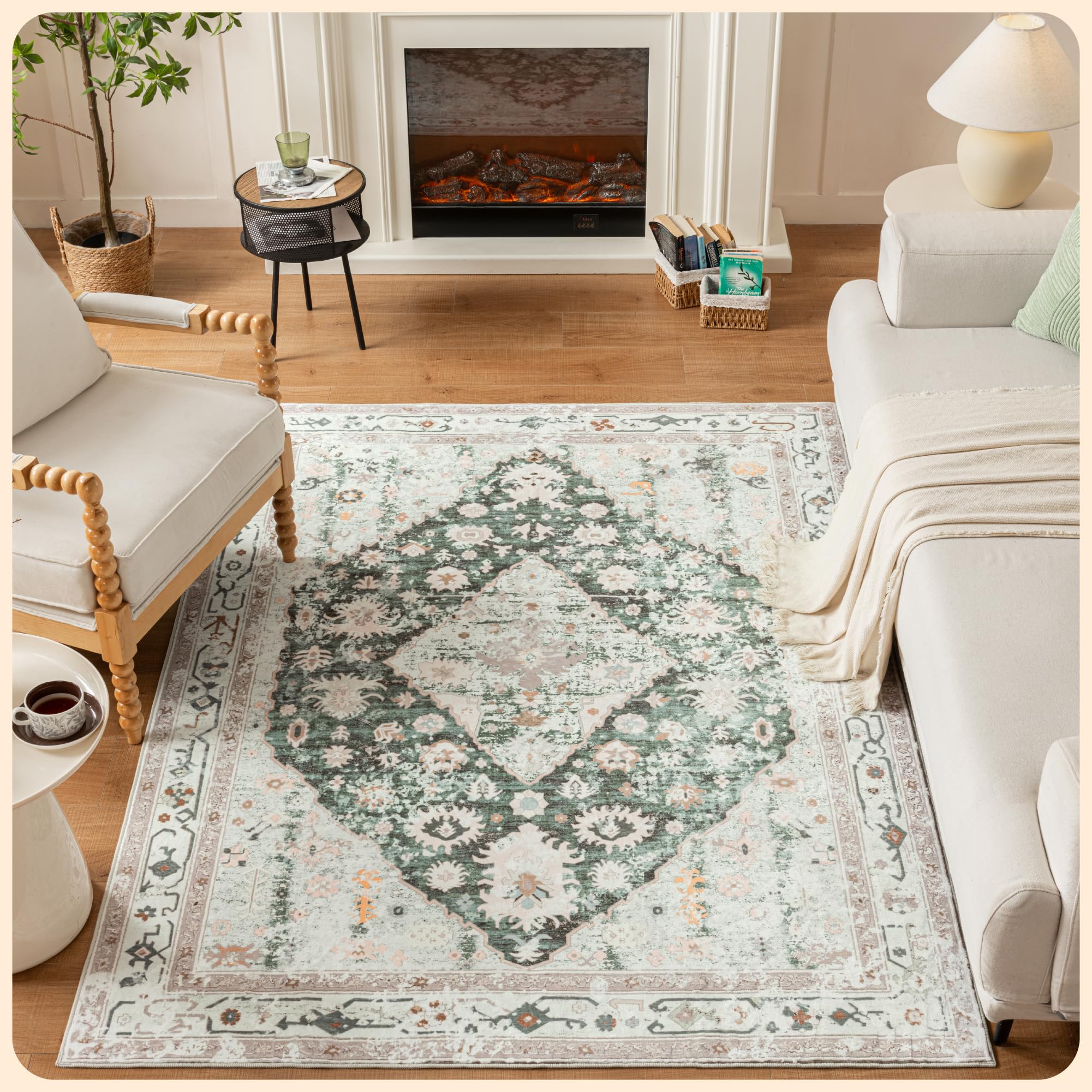 Photo 1 of Istana 5x7 Area Rug - Light Green/Beige Rugs for Living Room 5x7 - Foldable Rugs for Bedroom - Stain Resistant Washable Rug - Eco-Friendly Boho Area Rugs - Easy to Clean Living Room Rug