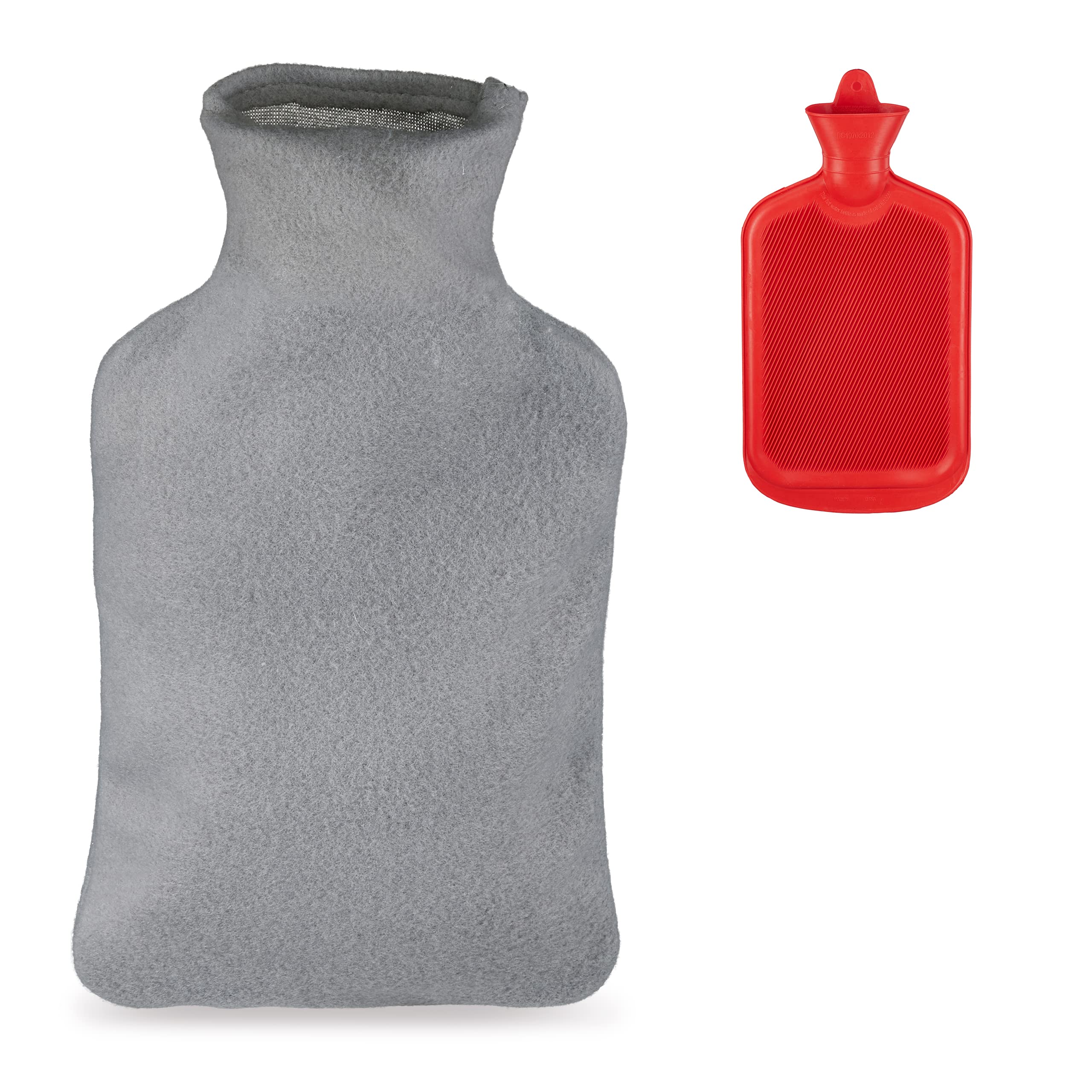 Relaxdays Hot Water Bottle with Fleece Cover, Durable, 1.5L Bed Warmer, Odourless Natural Rubber, 35x19x4.5 cm, Red/Grey