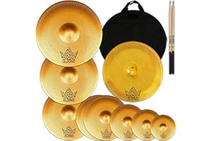 ULUOBO Low Volume Cymbal Pack, 9 Pieces Silent Cymbals, Quiet Cymbals Set for Drummer Practice, 6/8/10''Spalsh+14''Hihat+16"Crash+18''Crash+18''China+20"Ride, Gold