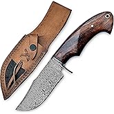 Handmade 10” Damascus Hunting Knife with Sheath - Fixed Blade Hunting Knives for Men, EDC Skinning Knife with Horizontal Carry Wood Handle Best for Survival, Camping & Outdoor